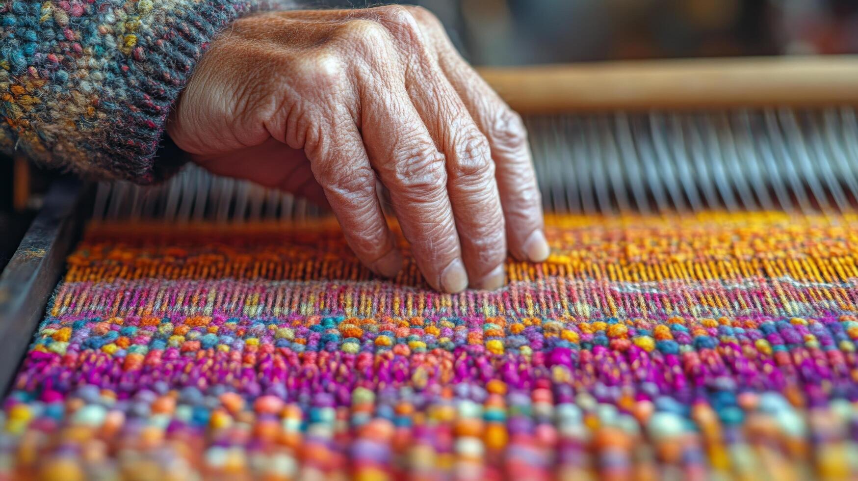 Elderly person weaving a colorful textile with skill and care in a cozy setting photo