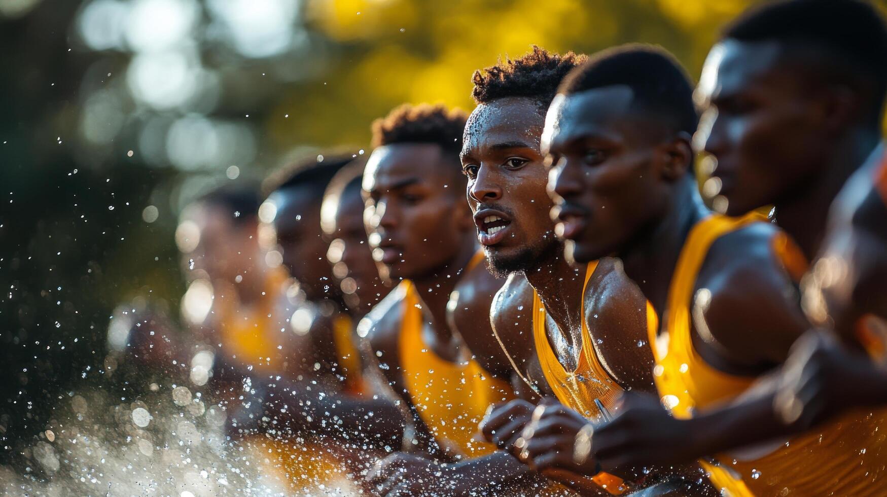 Runners sprinting intensely on a rainy track during a competitive event in an outdoor stadium setting photo