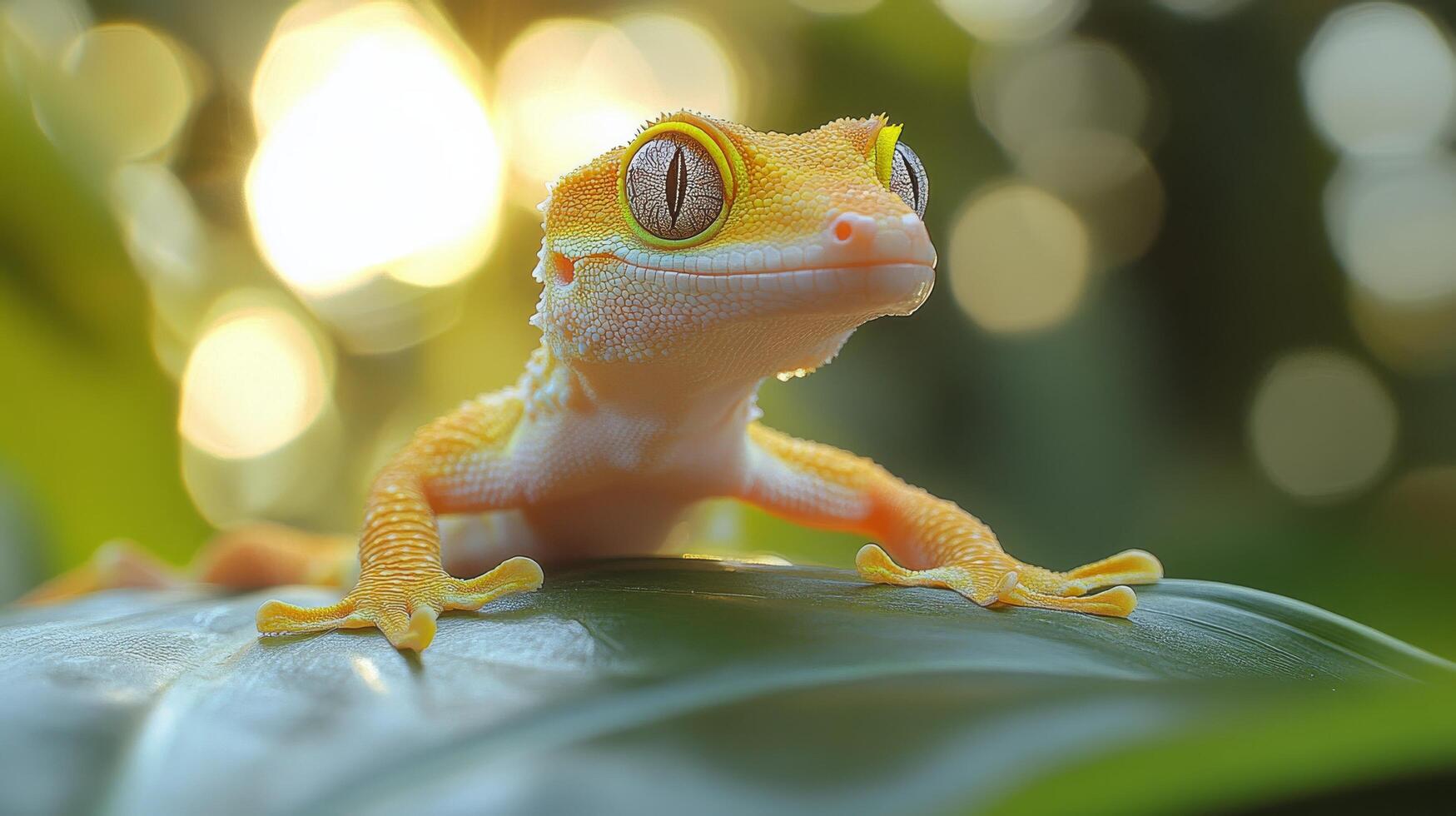 Bright gecko perched on a green leaf with soft sunlight illuminating its features photo