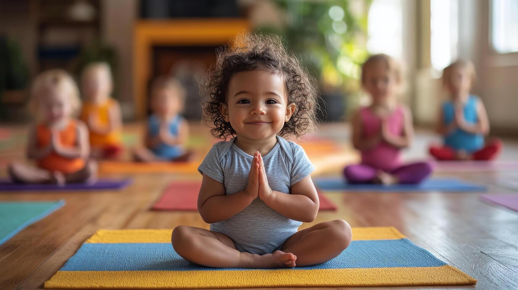 Young child practices yoga with classmates in a bright and cheerful studio during a morning class photo