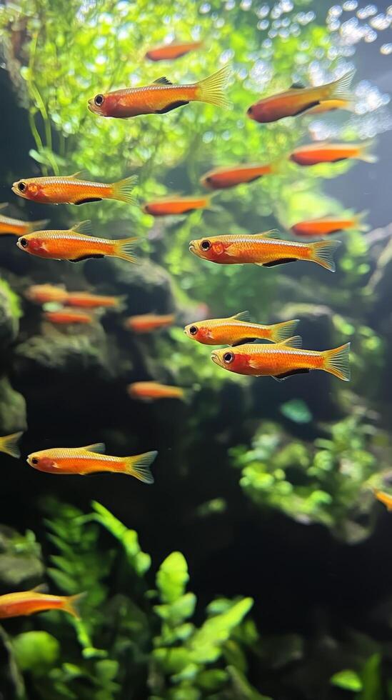 Colorful fish swimming gracefully in an aquarium surrounded by vibrant green plants photo