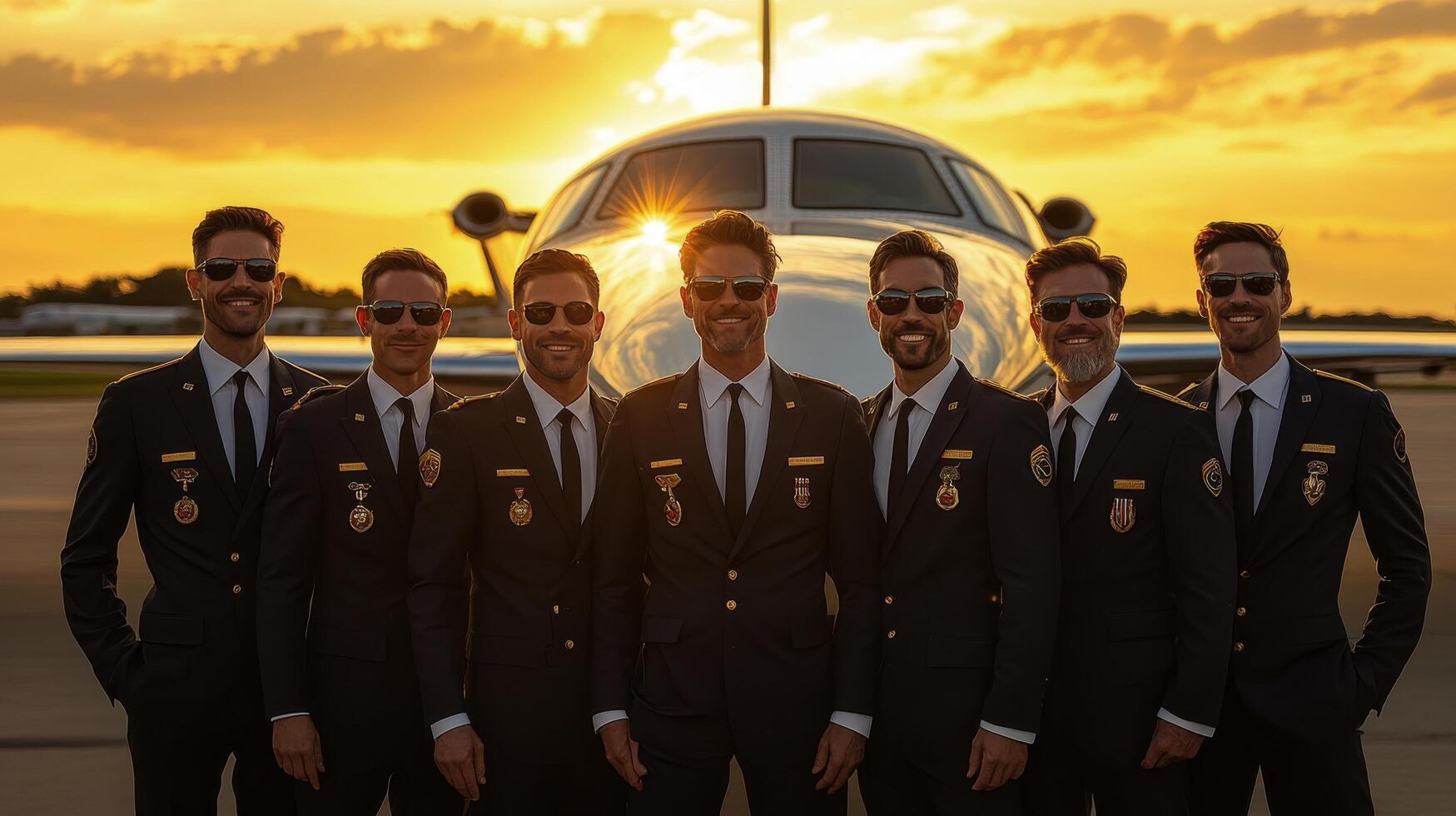 Pilots pose for portrait during sunset at the airport showcasing camaraderie and professionalism photo