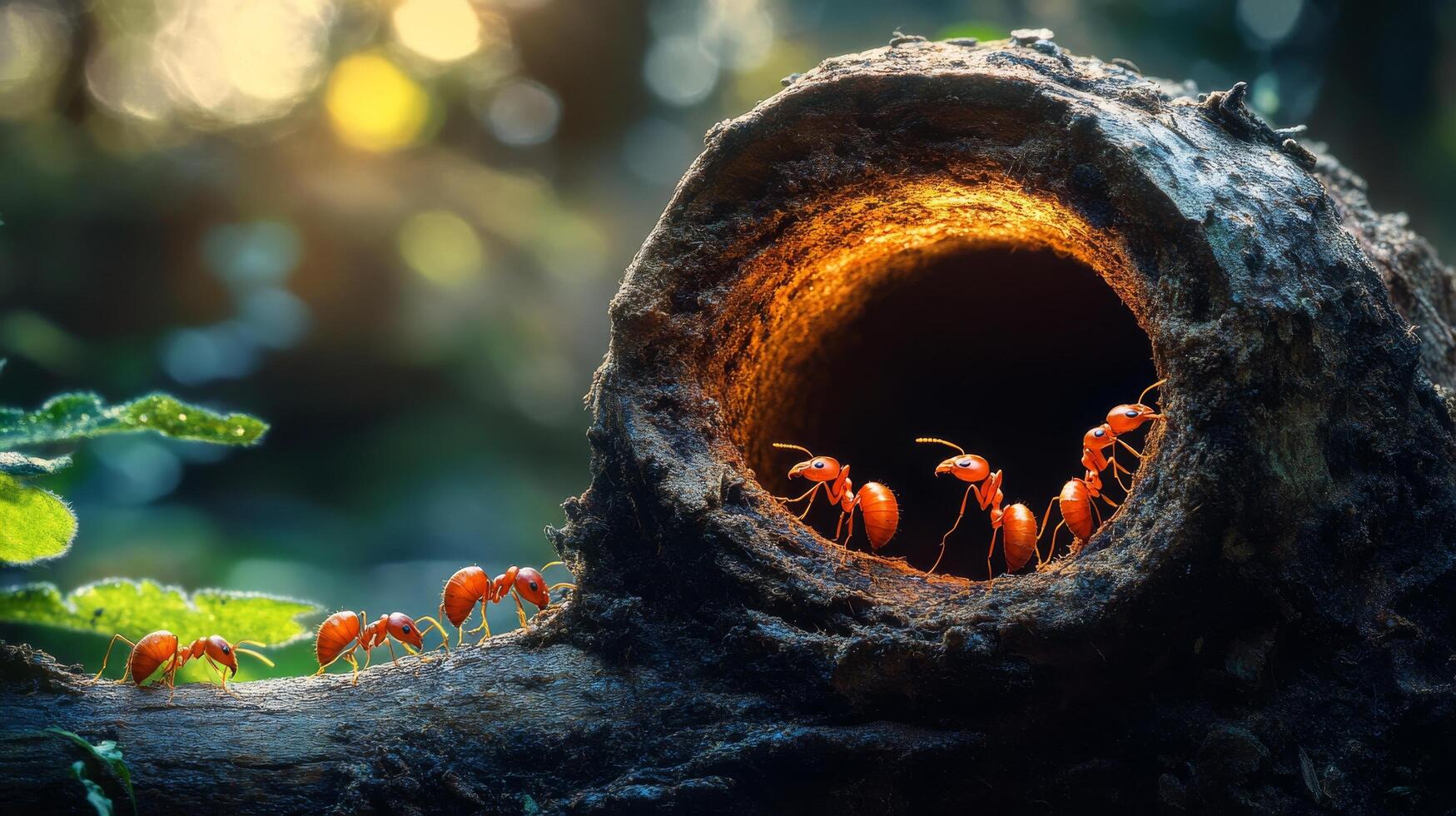 Ants working together on a log in a sunlit forest during the daytime photo