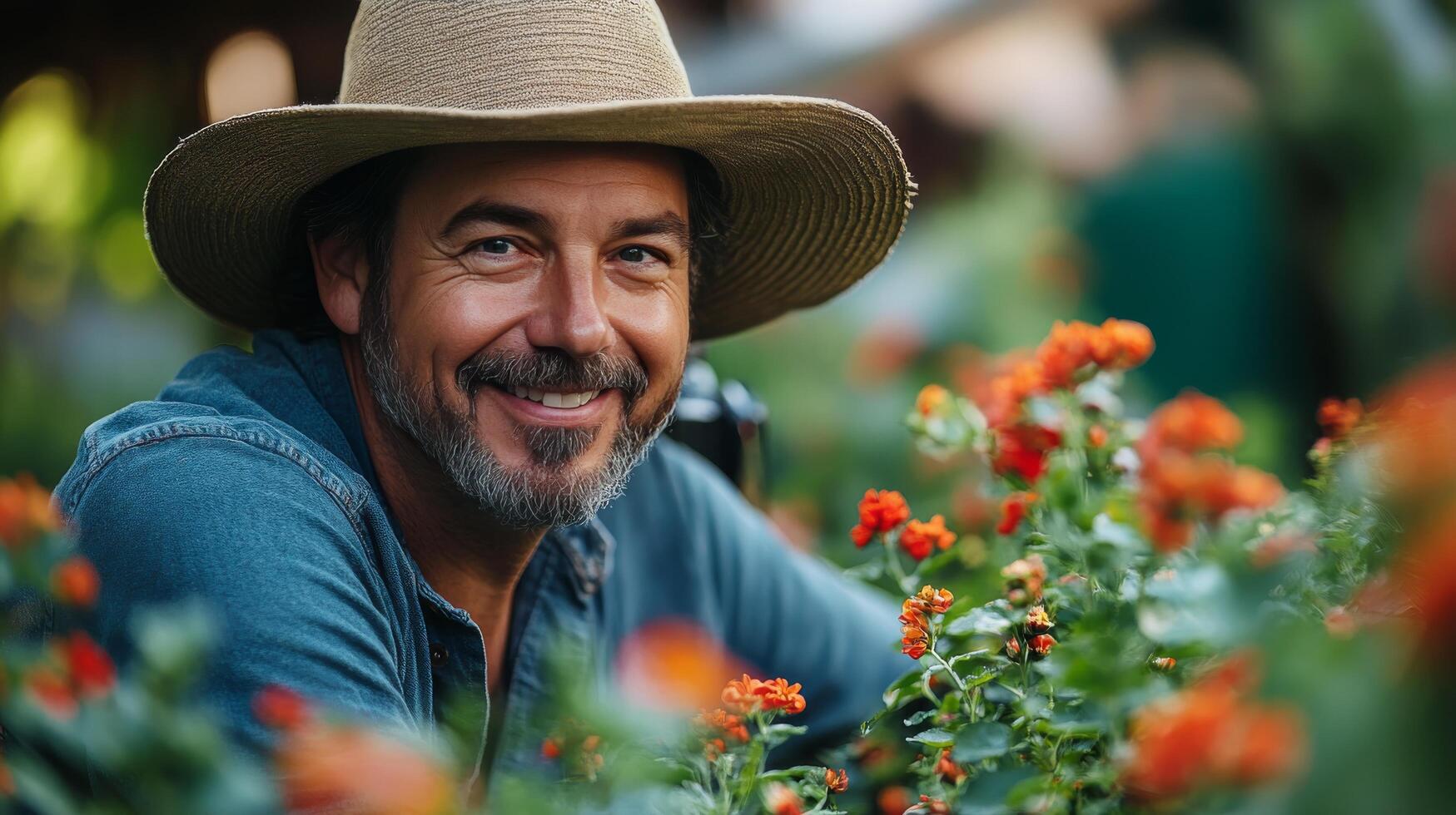 Smiling gardener tending to vibrant yellow flowers in a lush garden setting during daylight photo