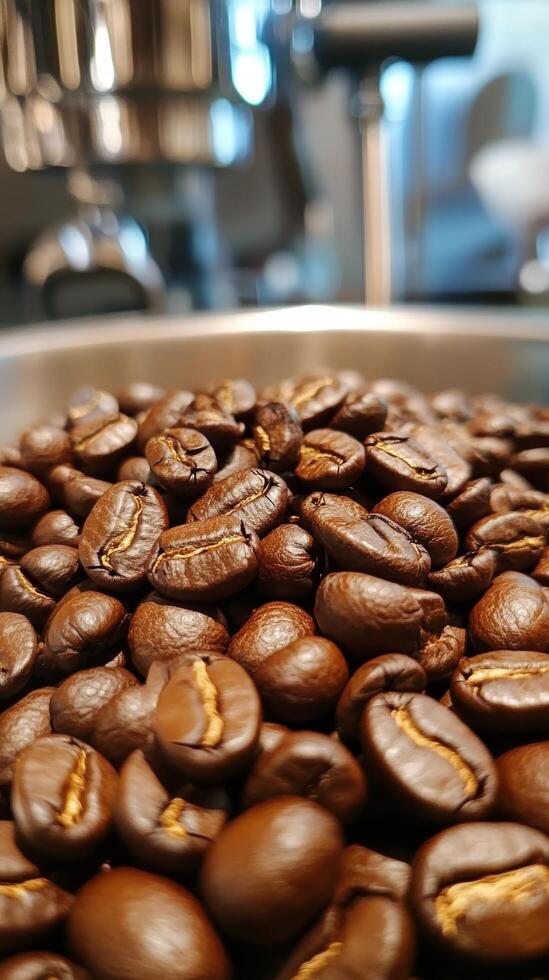 Coffee beans piled on wooden surface in a cozy kitchen setting during daylight hours photo
