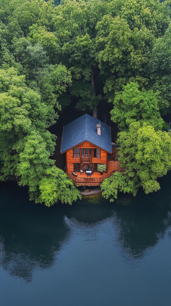 Modern cabin surrounded by lush greenery on a serene lake at dusk photo