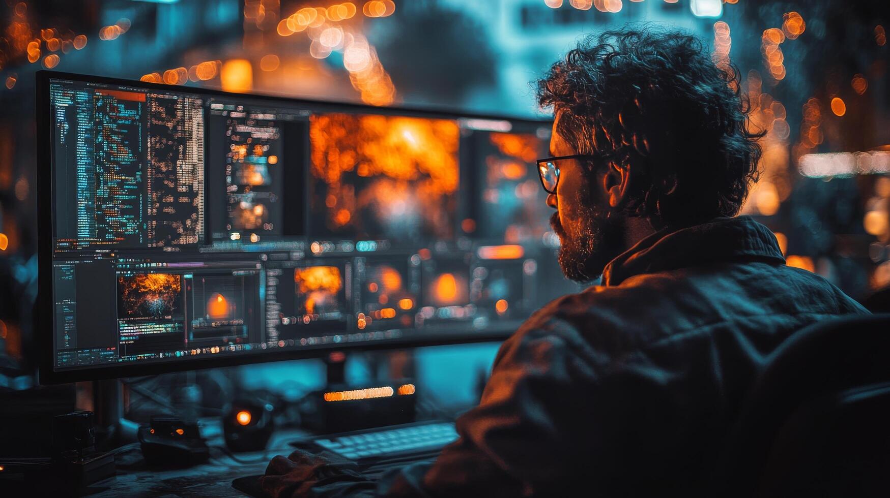Man working on multiple computer monitors in a dimly lit workspace at night photo