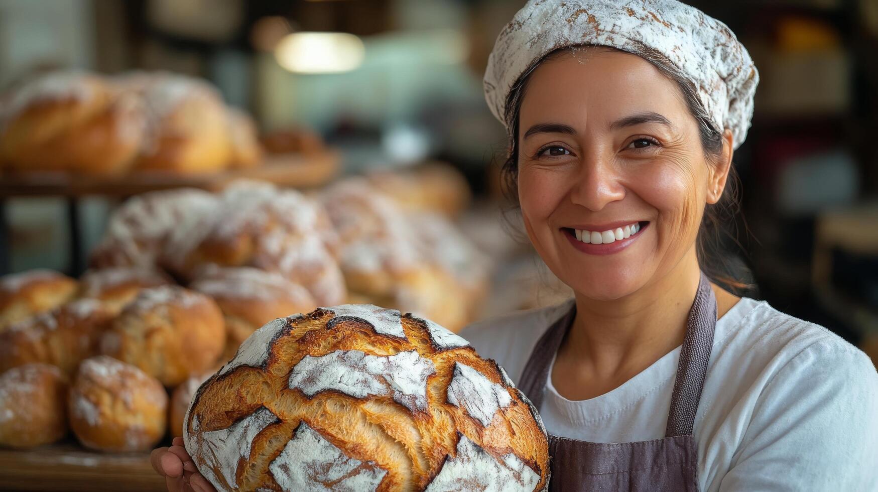 Woman proudly holds freshly baked bread in a busy bakery during morning hours photo