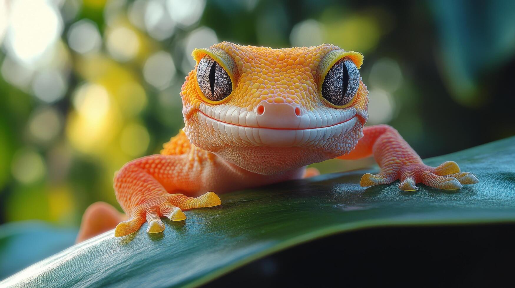 Bright gecko perched on a green leaf with soft sunlight illuminating its features photo