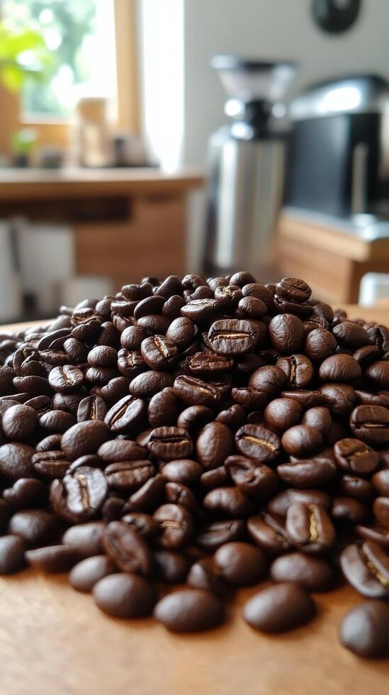 Coffee beans piled on wooden surface in a cozy kitchen setting during daylight hours photo
