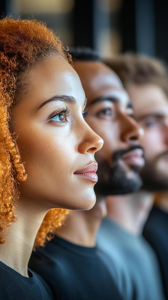Young woman with curly hair smiling confidently among a diverse group of individuals indoors photo