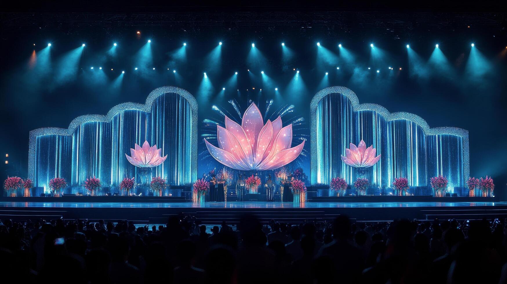 Buddhist temple performance featuring monks in traditional attire during cultural celebration photo