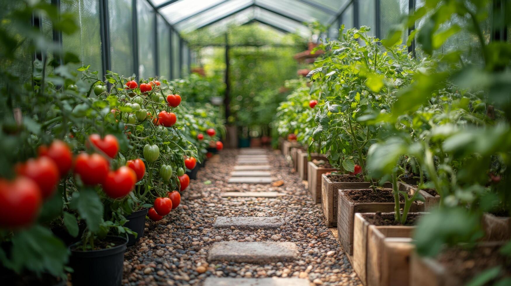 Vibrant tomato plants growing in organized rows within a garden during sunny summer afternoon photo