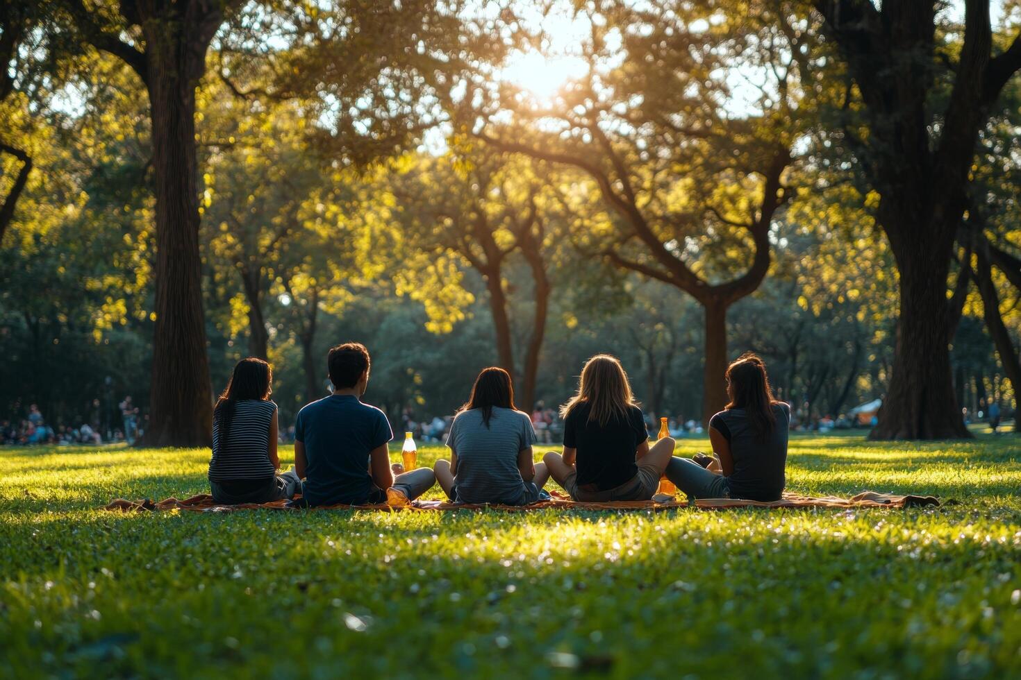 Group of friends enjoying a peaceful moment in a serene meadow during the golden hour photo