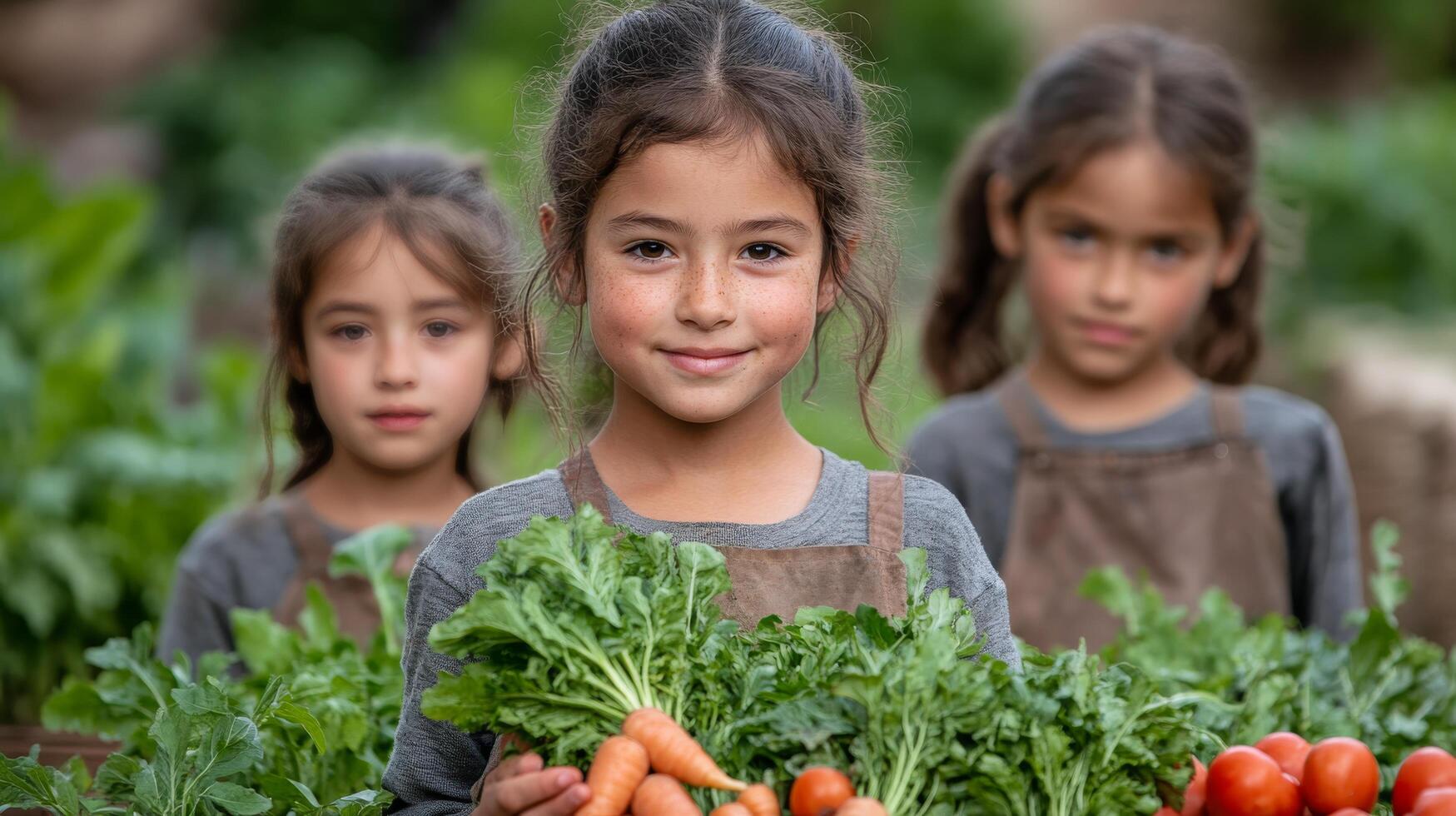 Young girl holds fresh vegetables in a lush garden surrounded by siblings during daytime activity photo