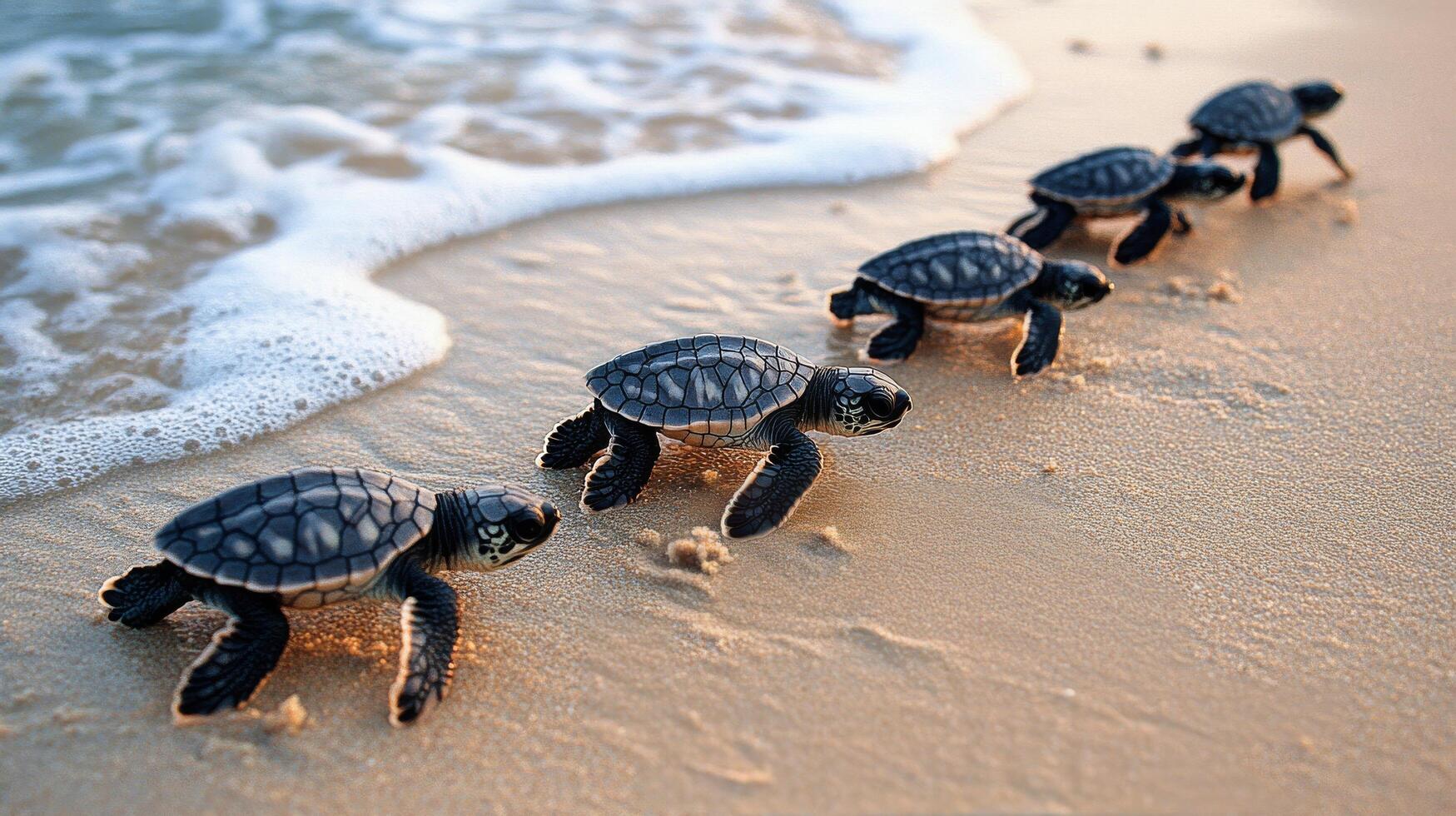 Sea turtles hatch and make their way to the ocean on a sunny beach in the Caribbean photo