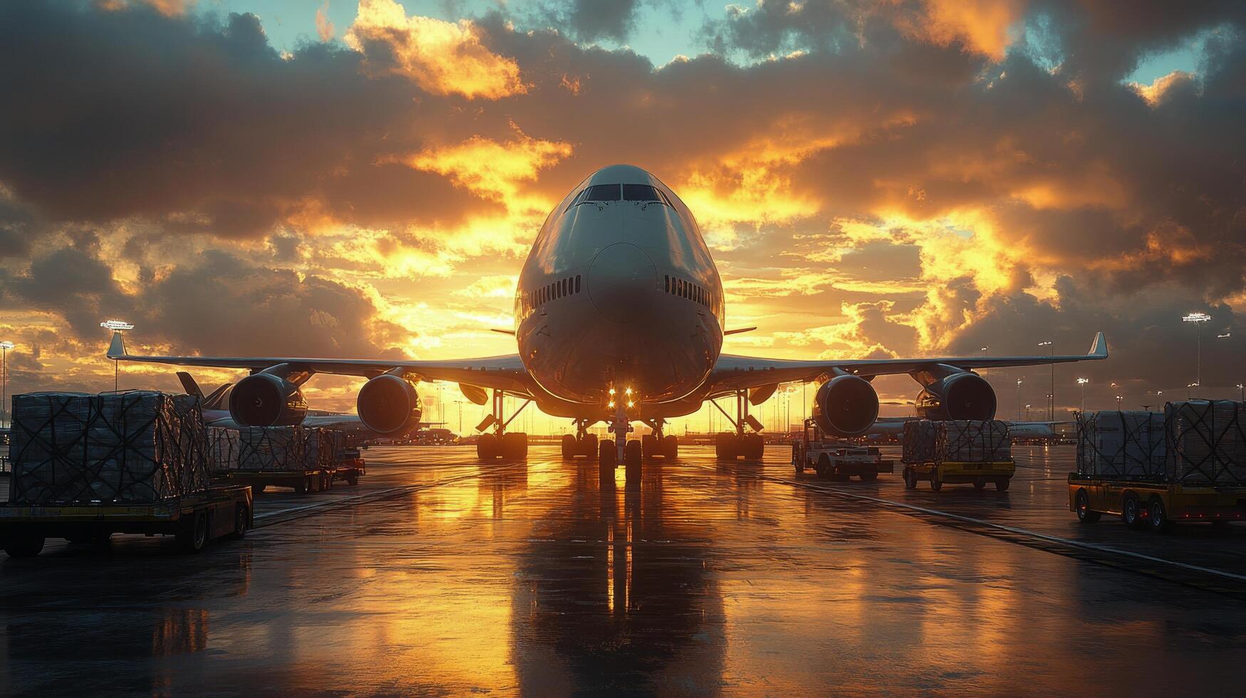 Modern cargo plane loading at sunset on an airport runway photo
