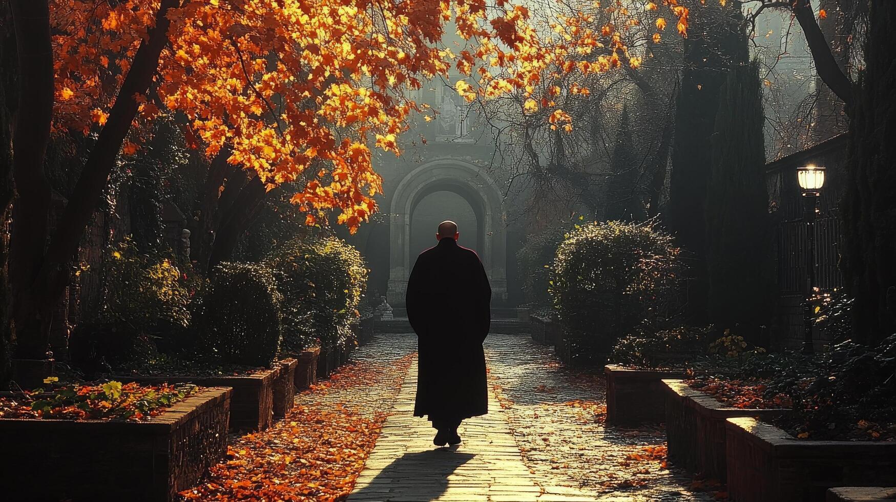 Mysterious figure walking through an autumn path lined with vibrant leaves and soft light photo