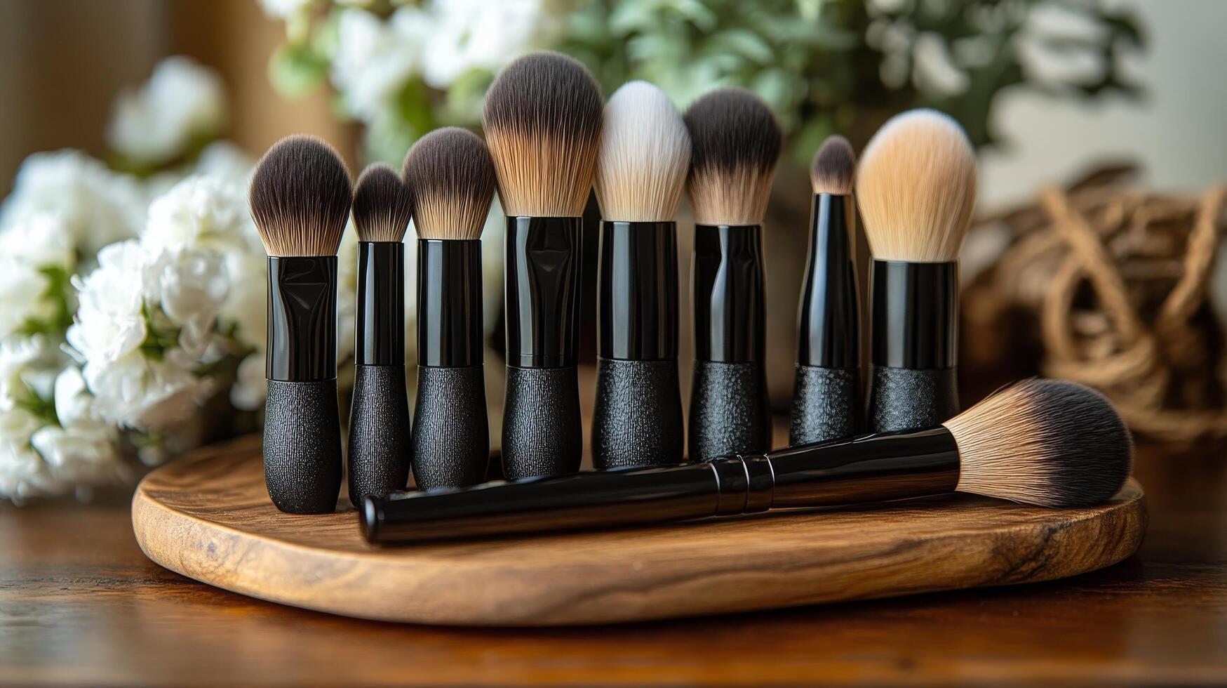 Variety of makeup brushes arranged neatly on a wooden surface near green plants photo