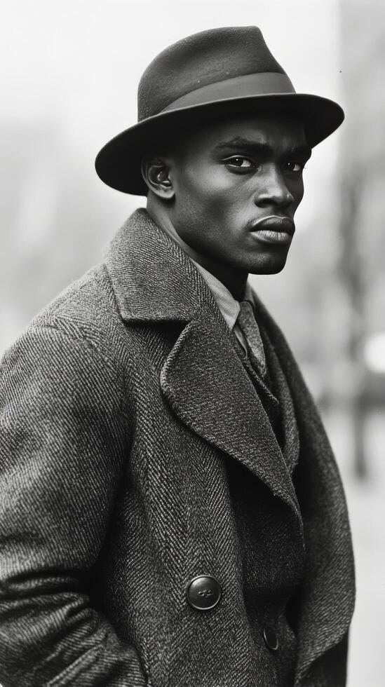 Stylish man in a dark coat and hat confidently poses outdoors in a vintage black and white setting photo