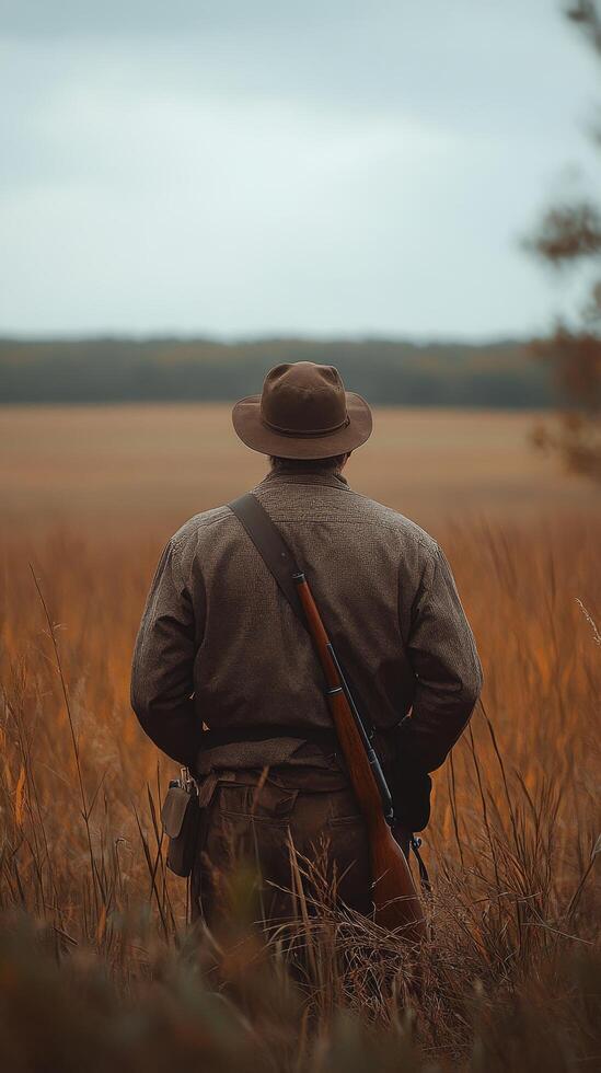Soldier standing in a field during a sunny afternoon, contemplating the vast open landscape photo