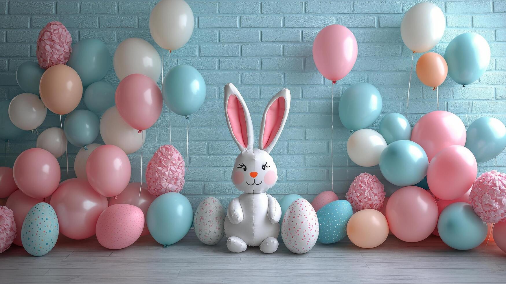 Colorful pastel decoration for a spring celebration with balloons and pom poms photo
