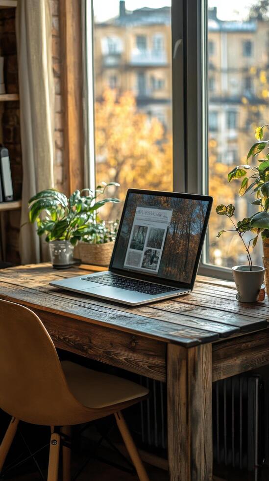 Cozy workspace with laptop by window surrounded by greenery on a sunny autumn morning photo