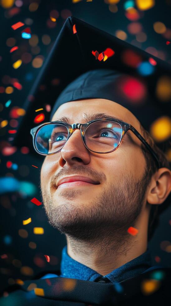 Celebrating graduation with confetti and joyful expressions at a festive ceremony in bright colors photo
