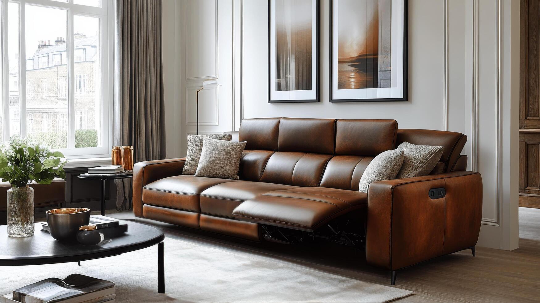 Elegant interior design featuring a cozy orange sofa and modern artwork in a bright living room photo