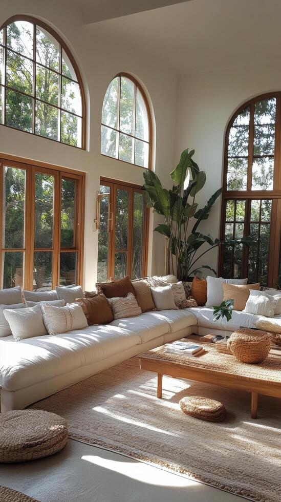 Cozy and Stylish Living Room with Abundant Natural Light and Greenery photo