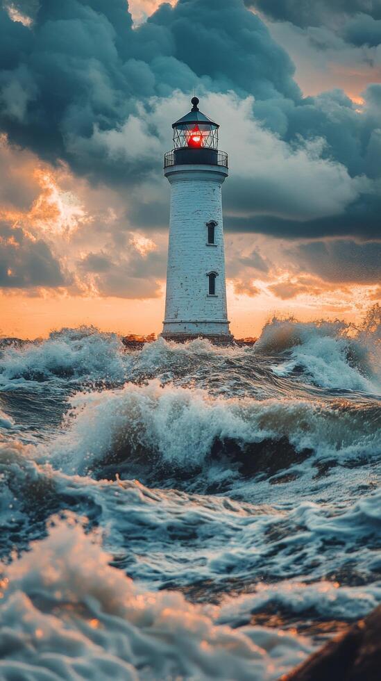 Stormy ocean waves crashing near a striped lighthouse during twilight hours photo