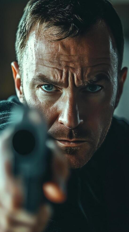 Intense standoff with an armed man in a dark environment during a tense moment photo