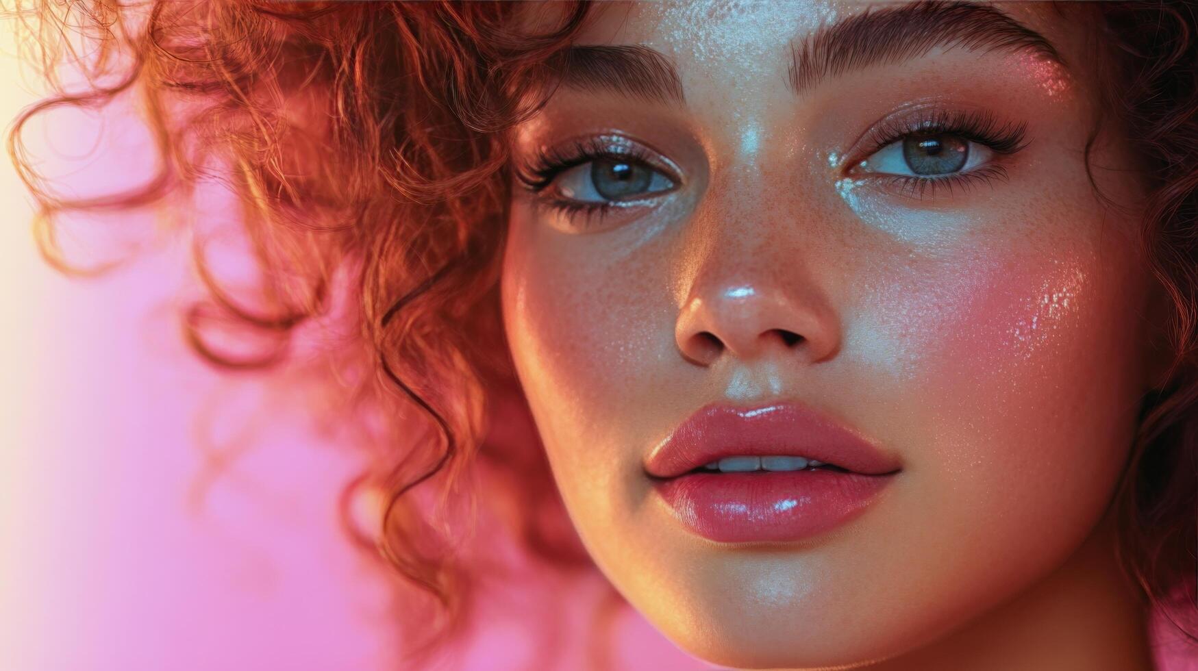 Close-up of a young woman with curly hair and glowing skin in vibrant pink lighting photo