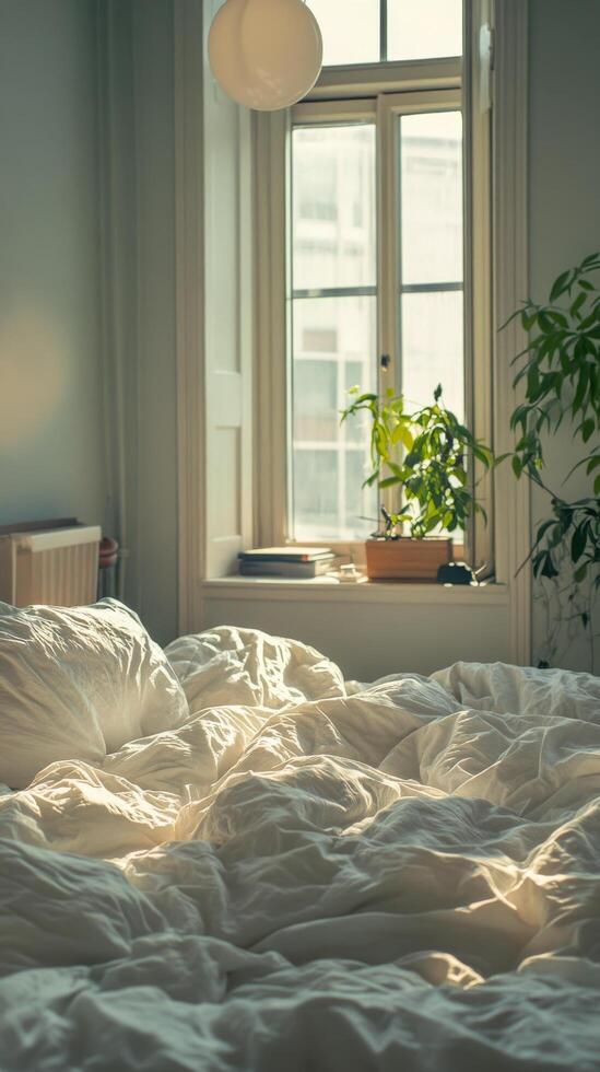 Cozy and serene bedroom with sunlight filtering through sheer curtains photo