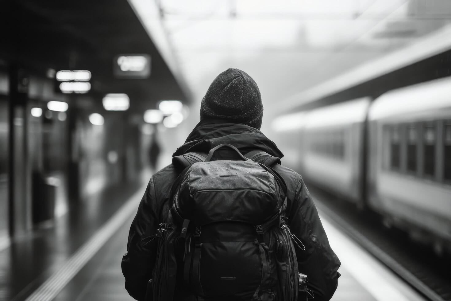 Traveler waiting at train station during cloudy day with backpack and hooded jacket photo