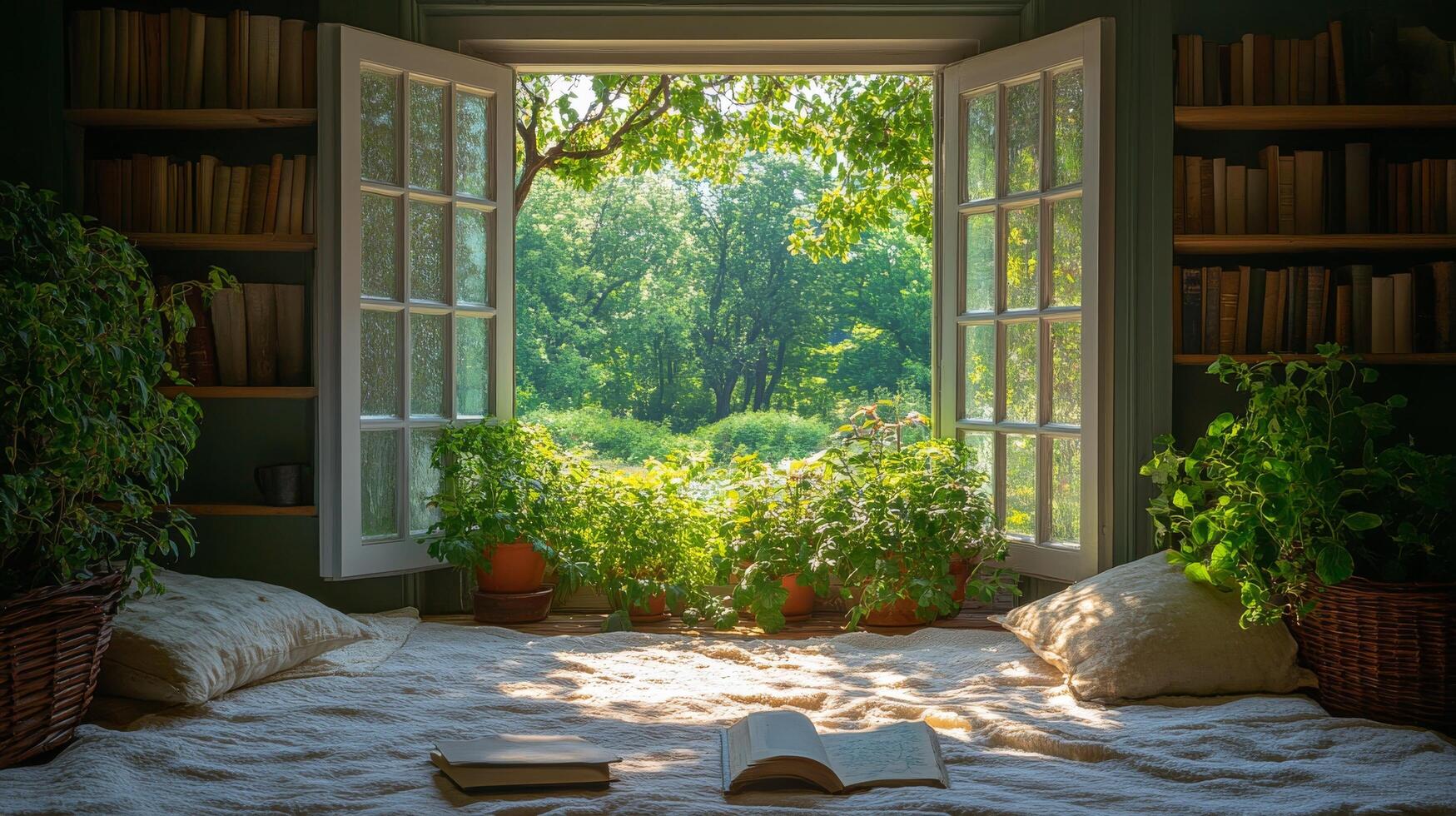Beautiful garden view from a bright room with open windows and vibrant flowers photo