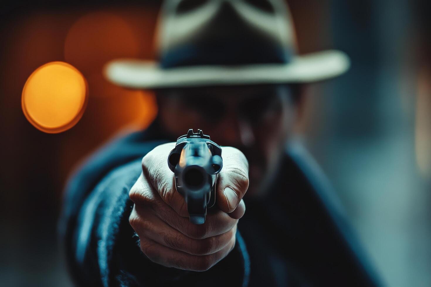 Intense confrontation with a determined figure holding a revolver in the forested area photo