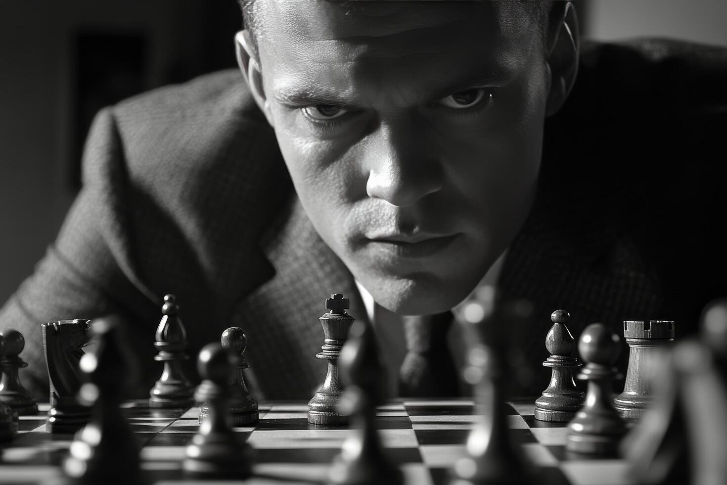 Intense chess match focus with sharp blue eyes and wooden pieces on board photo