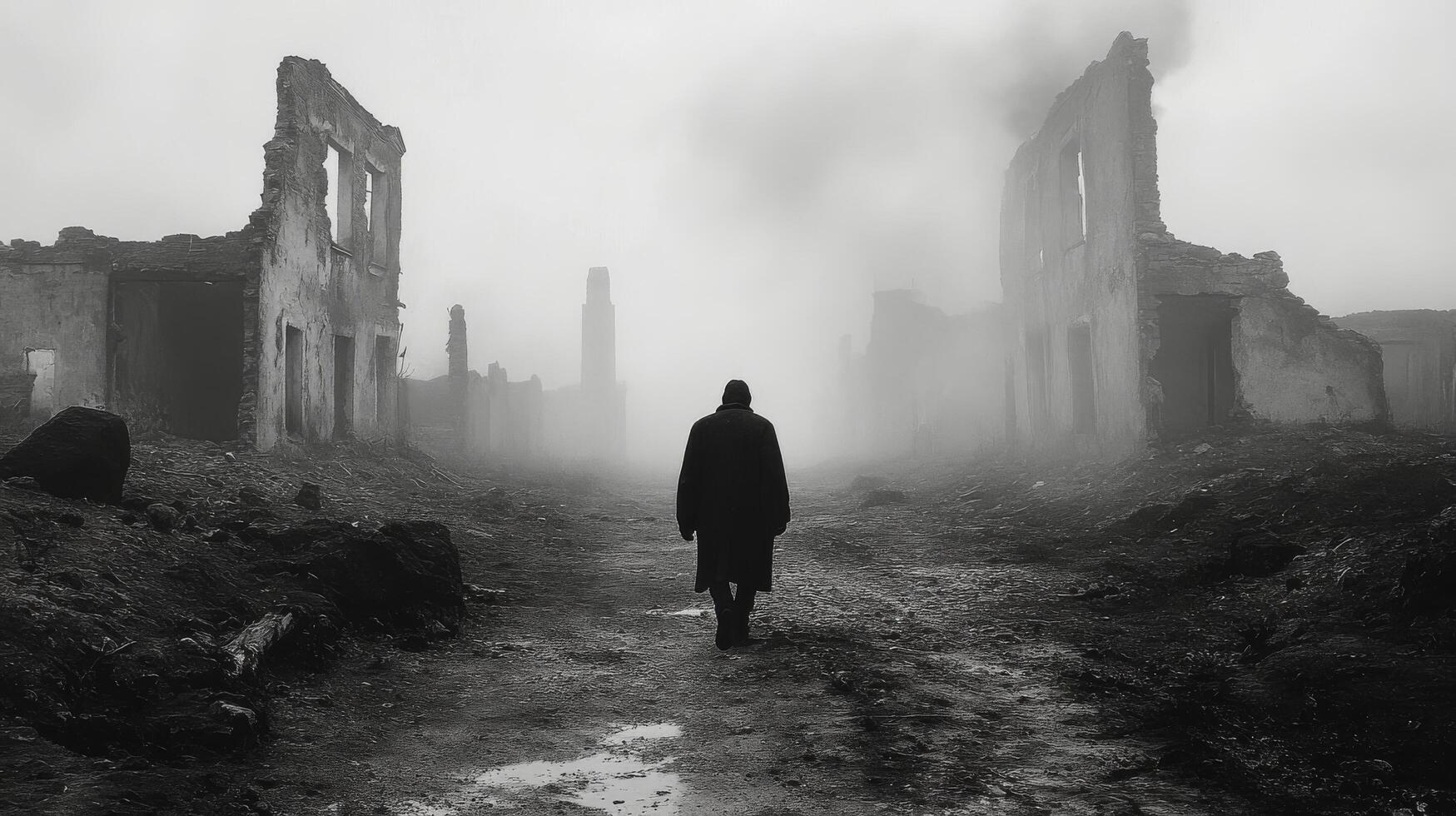Walking through abandoned ruins on a foggy day with a silhouette in a coat photo