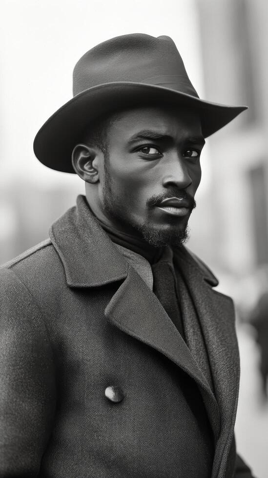 Stylish man in a dark coat and hat confidently poses outdoors in a vintage black and white setting photo