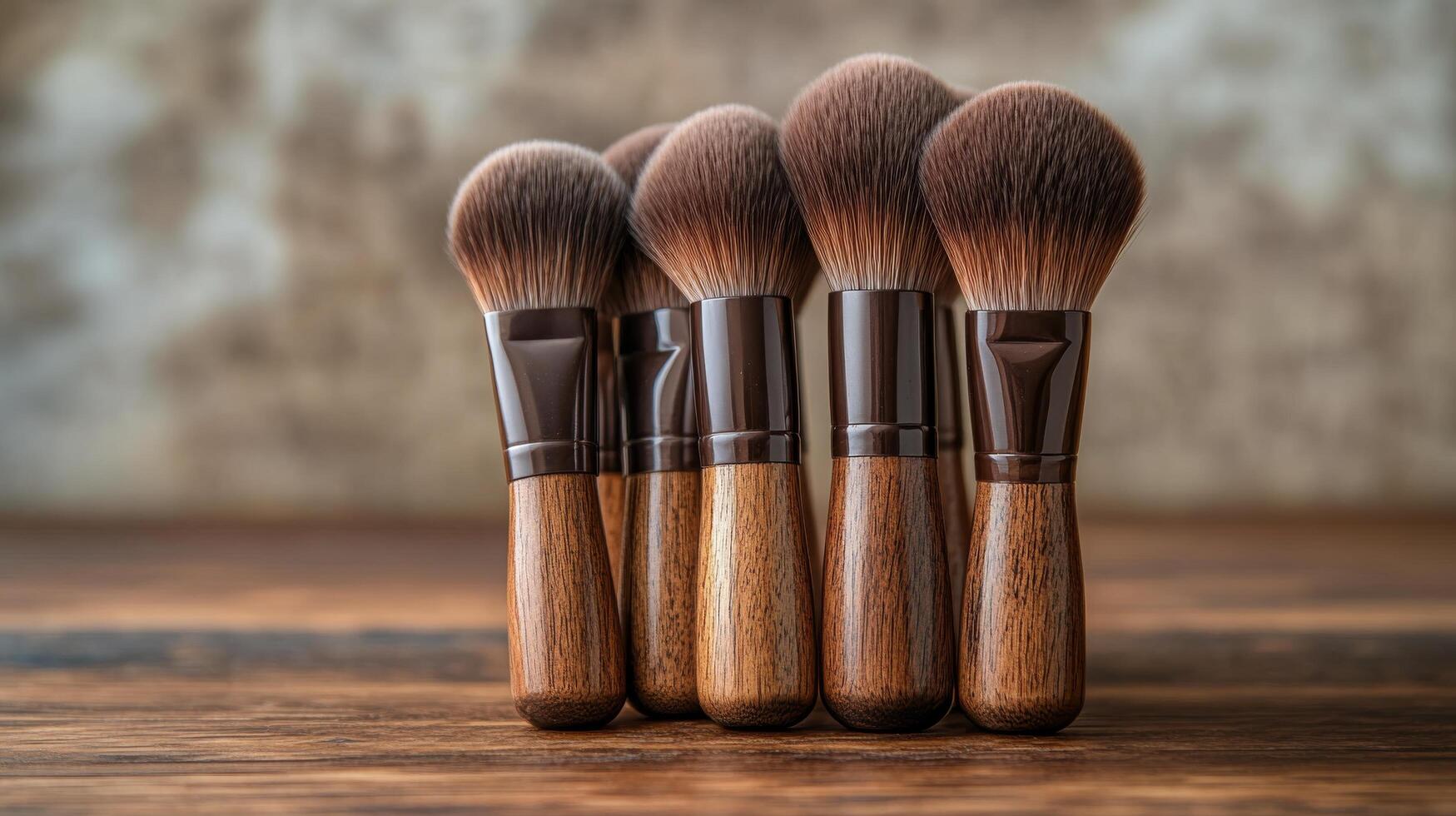 Variety of makeup brushes arranged neatly on a wooden surface near green plants photo