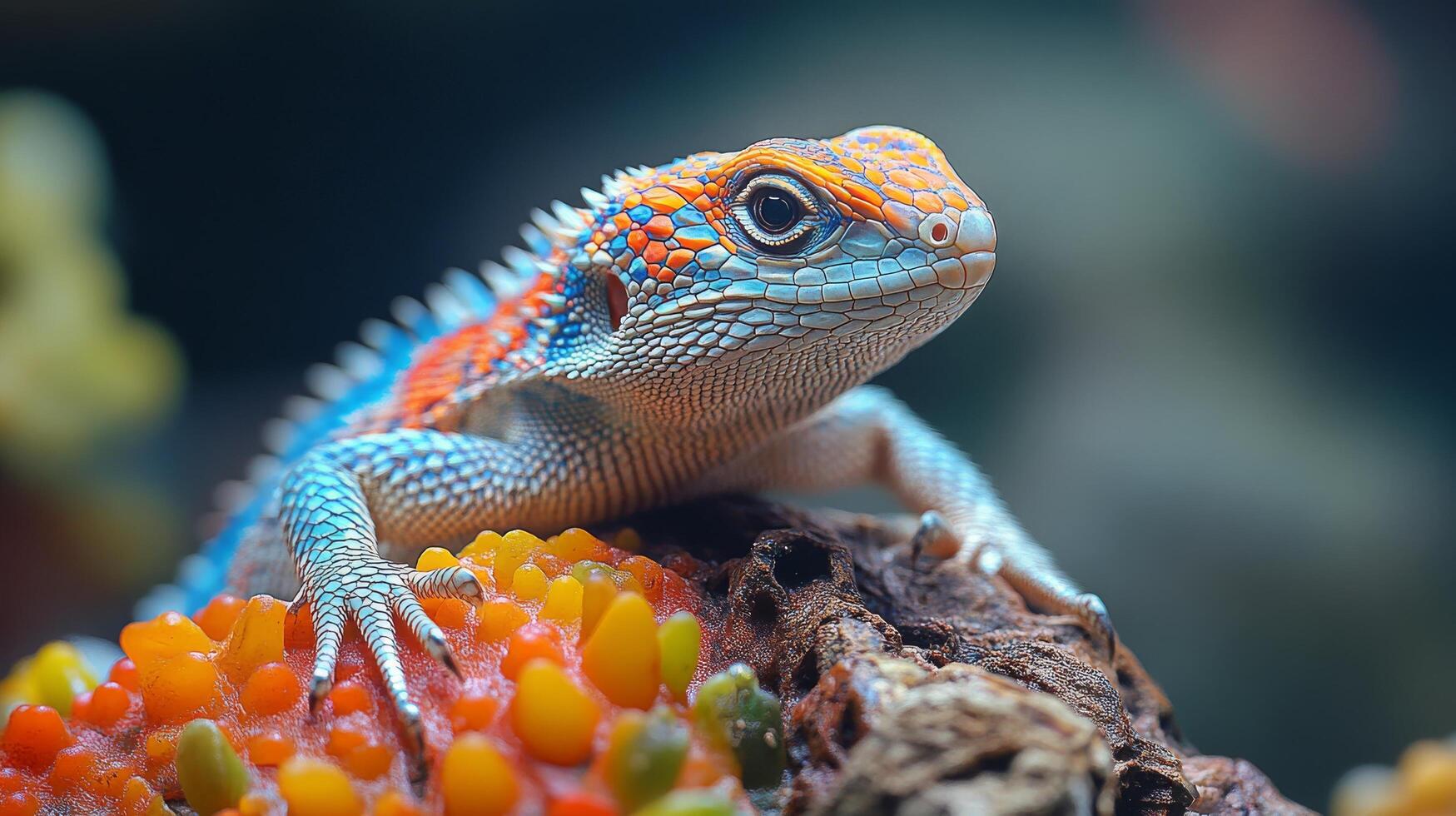 Bearded dragon resting on a log in a vibrant terrarium environment with lush foliage photo