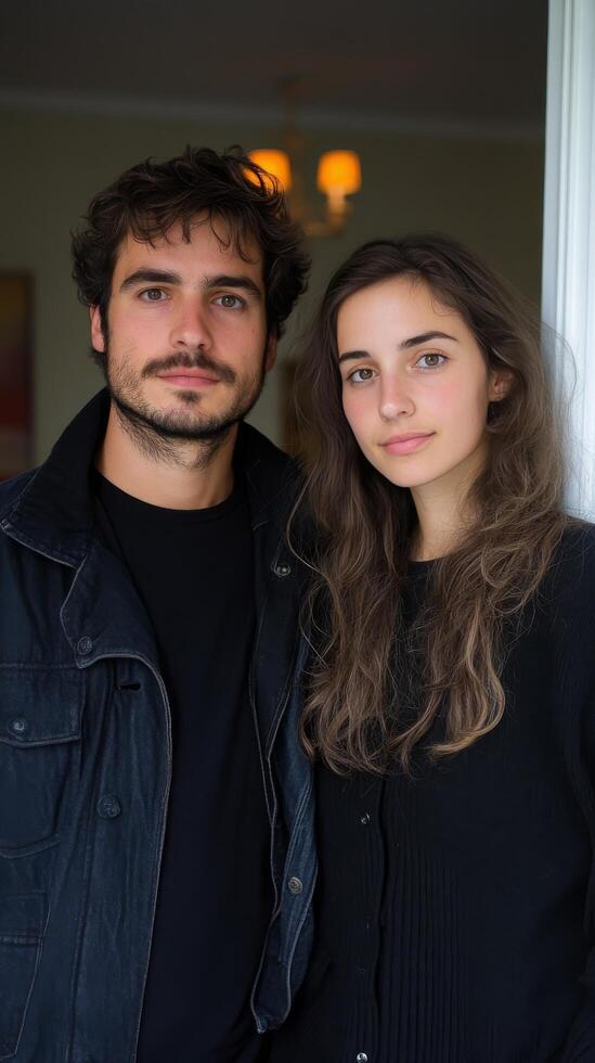 Couple poses together in a cozy indoor setting during a relaxed afternoon photo