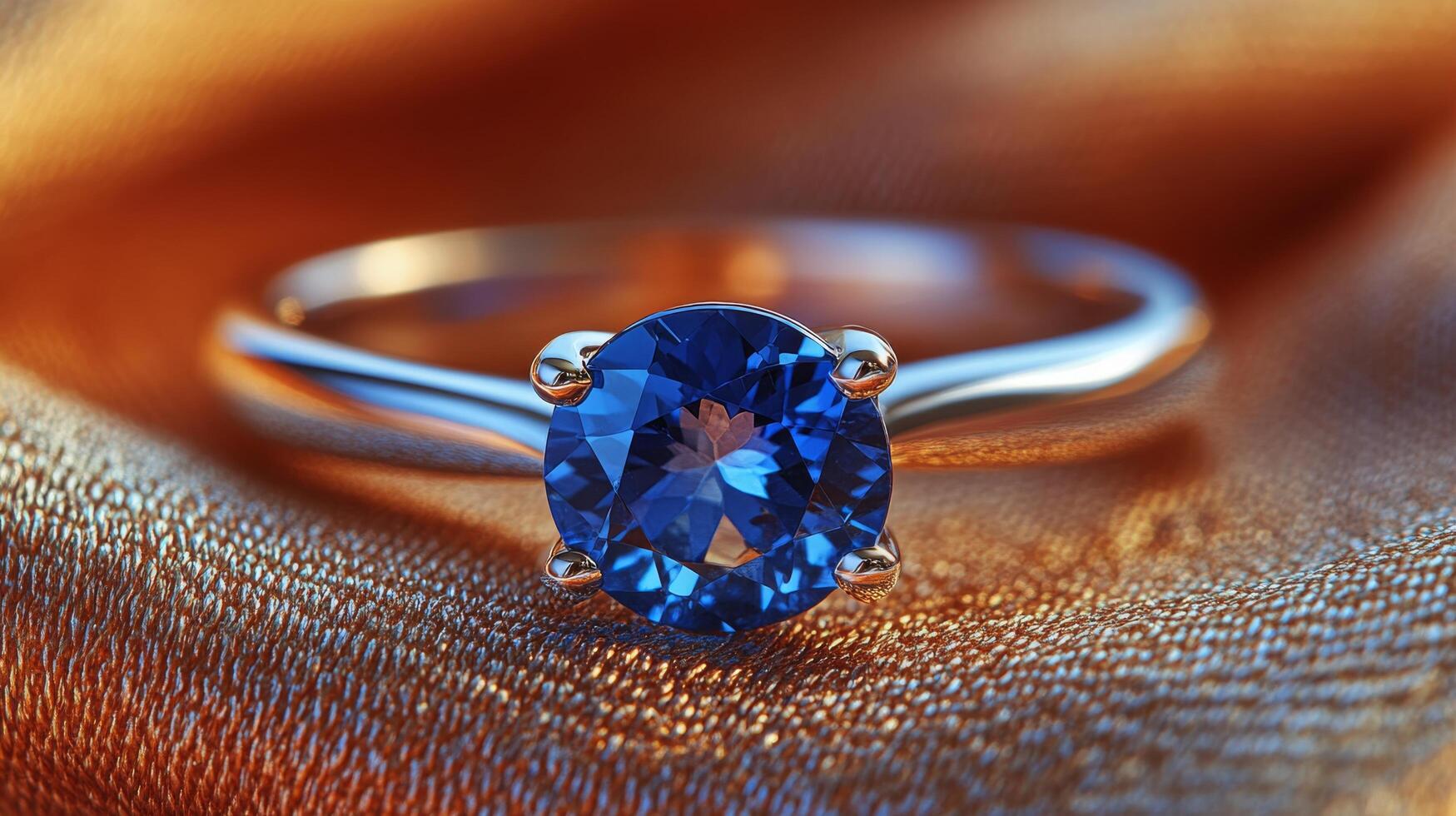 Elegant gold ring featuring a stunning blue gemstone on a soft fabric background photo