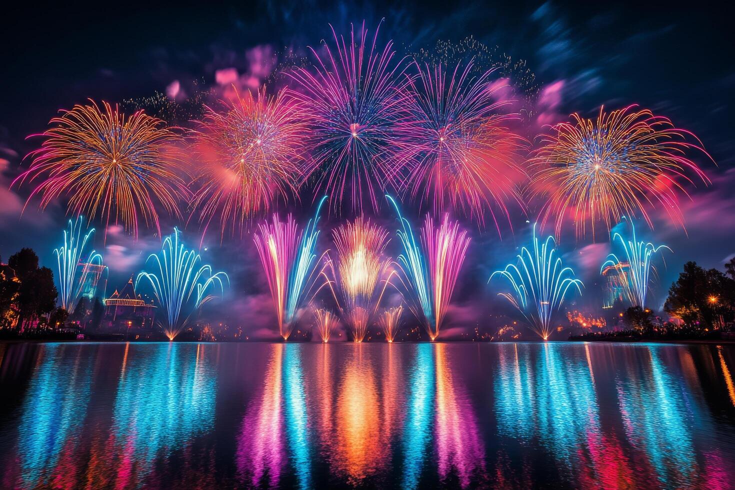 Colorful fireworks illuminate the night sky above a serene lake during a vibrant festival celebration photo