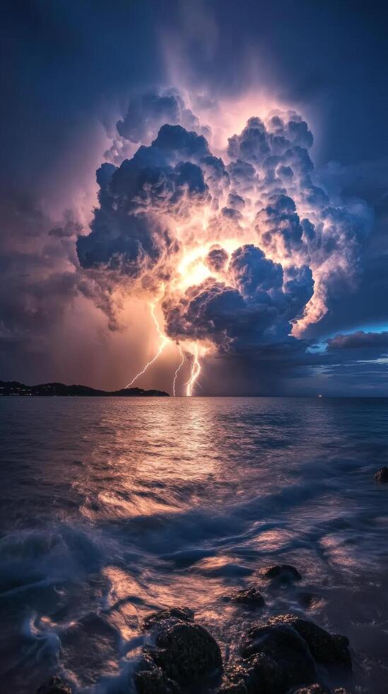 Dramatic lightning strikes illuminate a vibrant cloud formation at dusk in a stormy sky photo