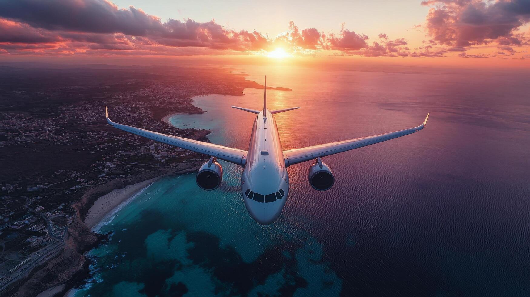 Plane flying over a serene coastline at sunset near the city photo