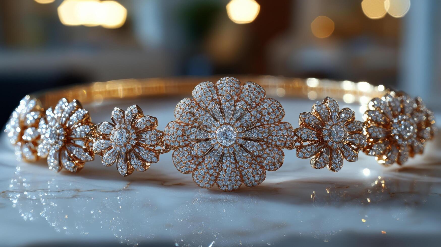 Elegant silver jewelry set displayed on a marble surface with roses and candles in a soft-lit setting photo