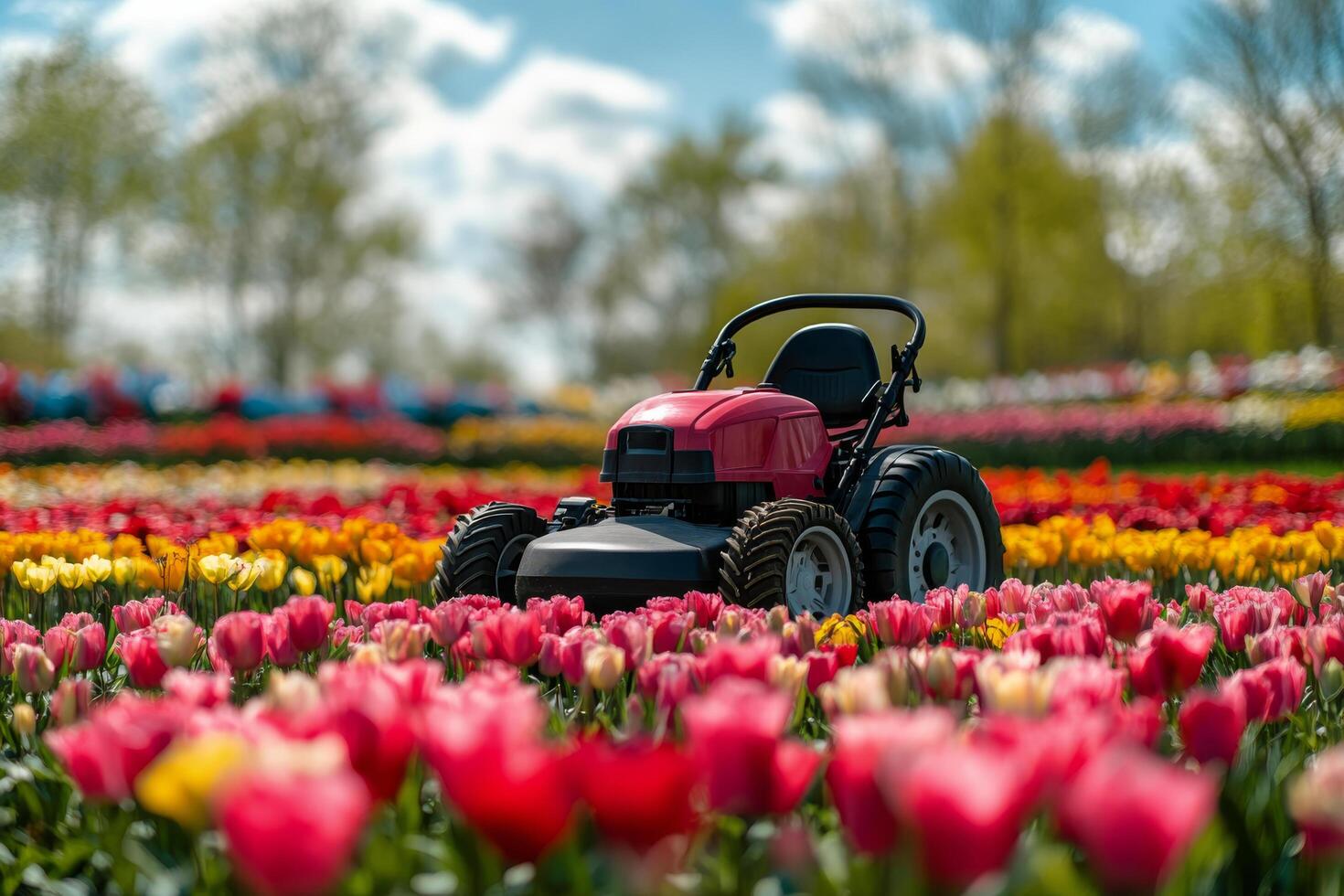 Lawn mower navigating vibrant tulip fields on a sunny day in springtime photo