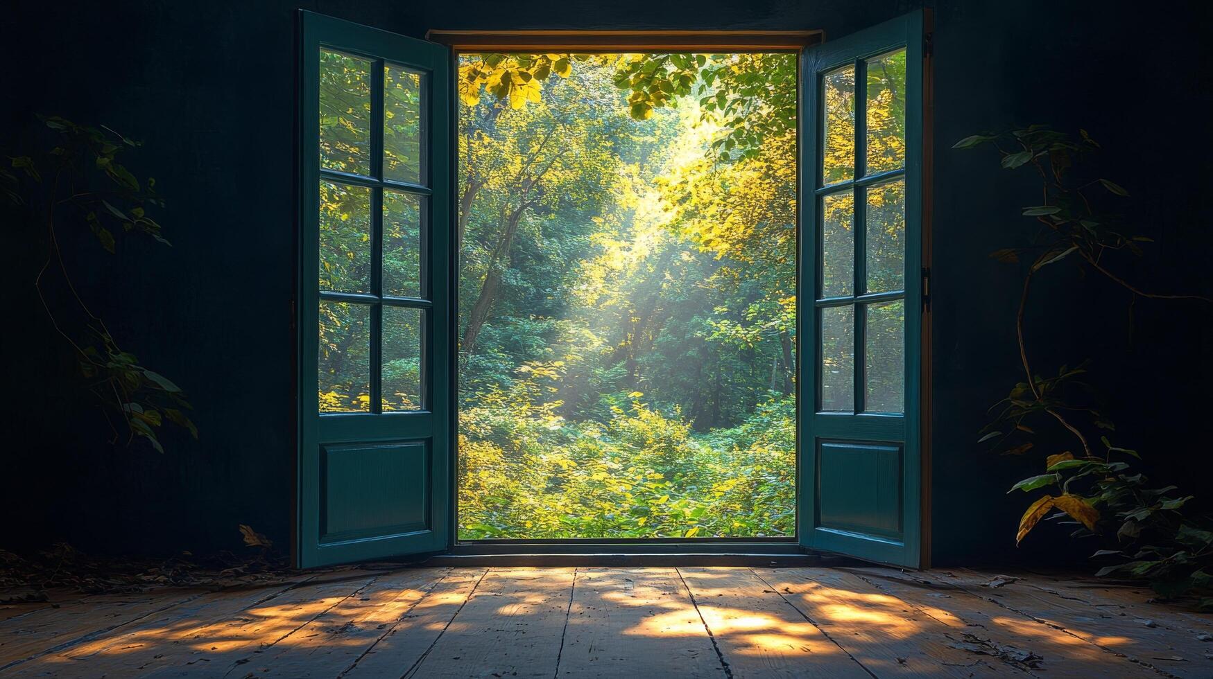 Beautiful garden view from a bright room with open windows and vibrant flowers photo